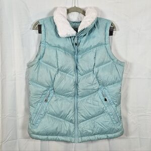 Columbia Down Filled Puffer Vest Women's Large Mint Green Faux Fur Trim